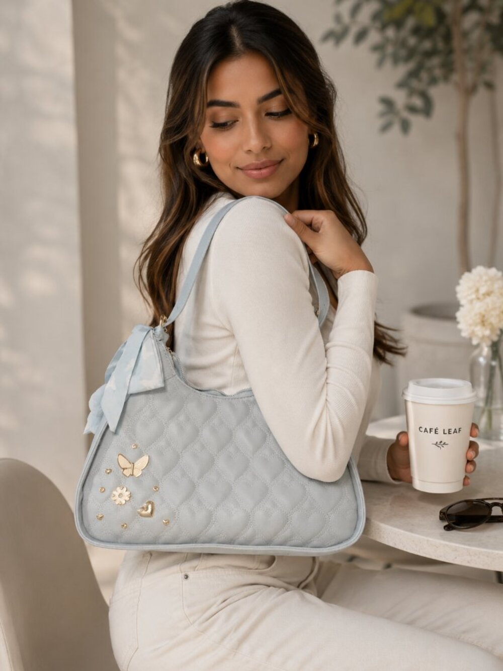 Under One Sky Light Blue Quilted Heart Shoulder Bag with Gold Accents